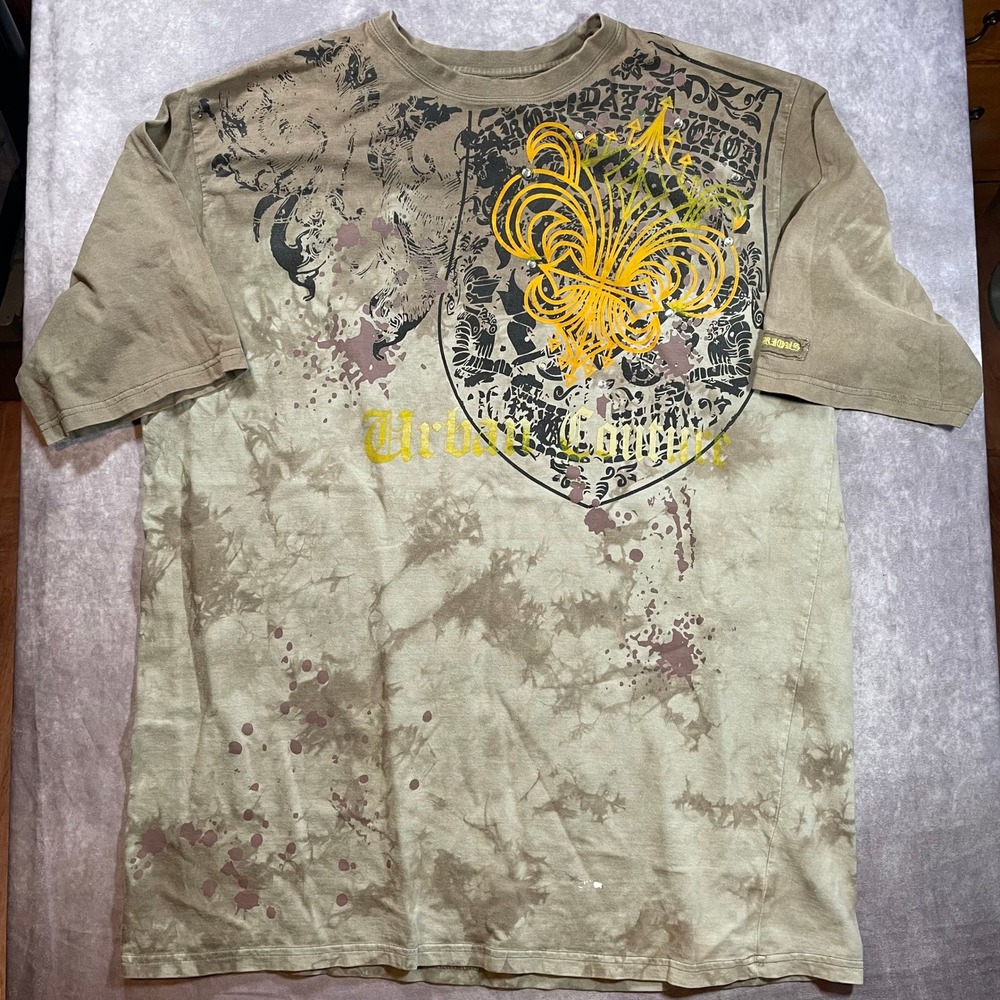 Victorious Urban Couture Mens 2XL Tie Dye Fleur De Lis Graphic T-Shirt Brown Y2K